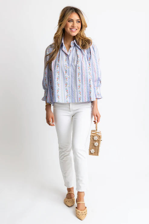 Floral French VineButton Up W/ zRuffle Sleeve