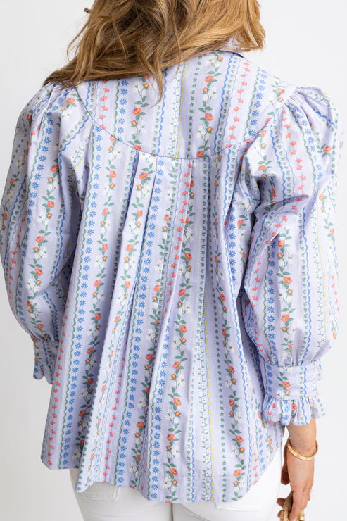 Floral French VineButton Up W/ zRuffle Sleeve