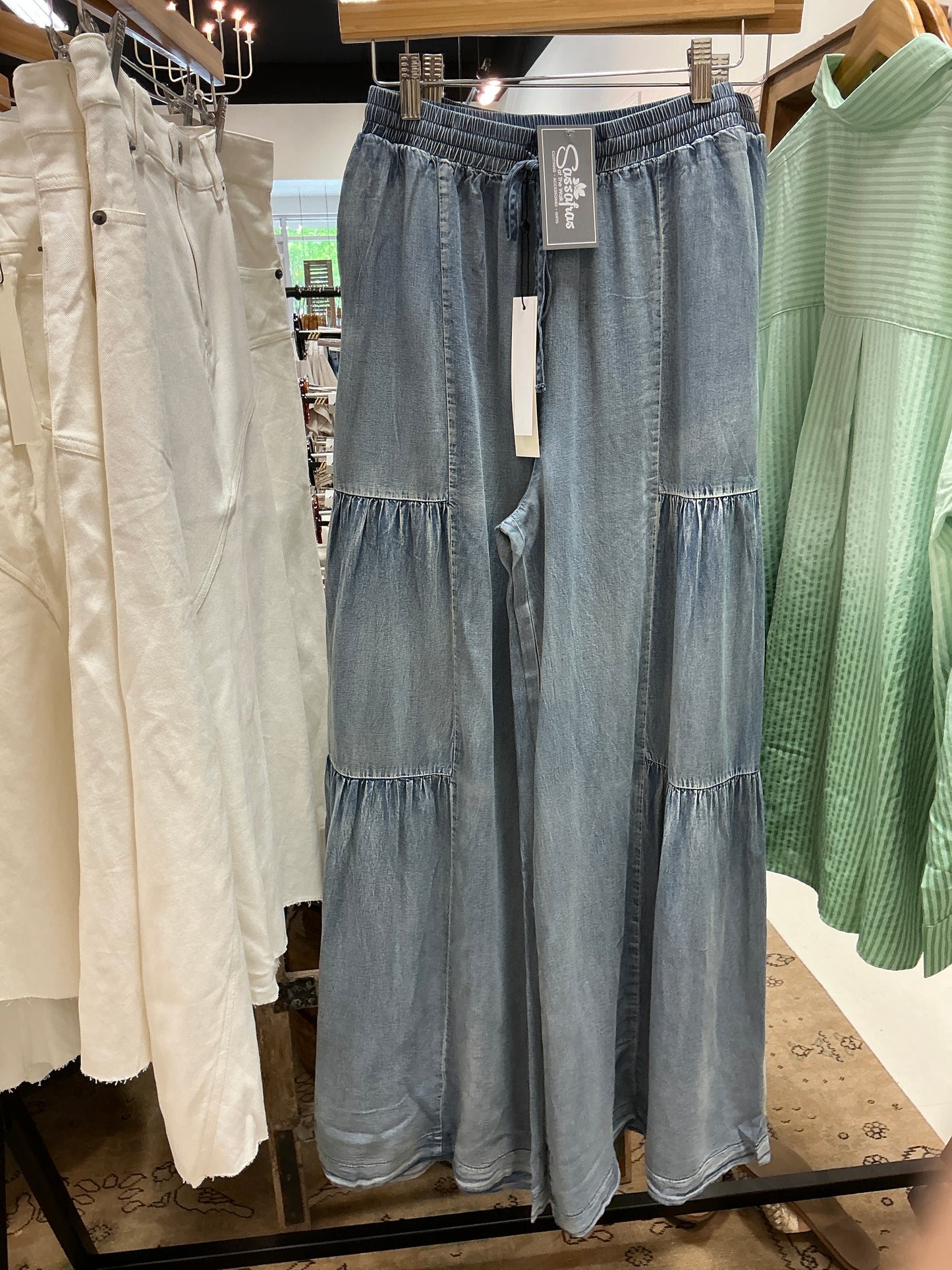 Ruffled side washed denim wide pants