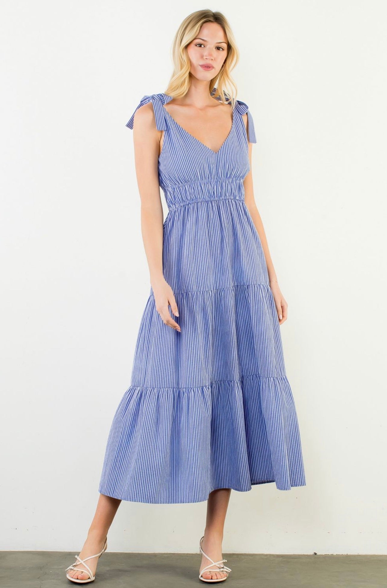 thml clothing maxi dress Tie Strap Tiered with Blue Stripes – Sassafras Color:Deep Navy $2501 - $3000 Elegant Royal Blue Satin Made by THML Allover
