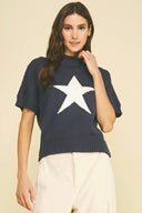 Star Graphic Short Sleeve Mock Neck Sweater in Navy