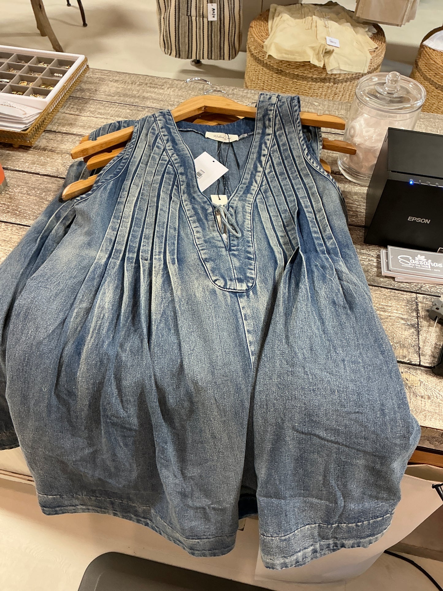 Tie with pleated denim romper