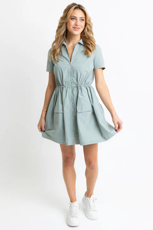 Solid Pocket Cinch Waist Dress