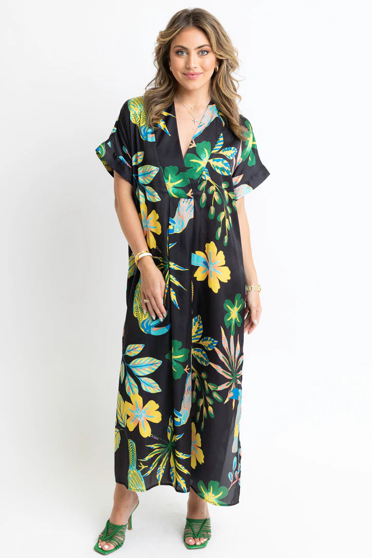 Toucan Jungle Vneck Kaftan Maxi Dress