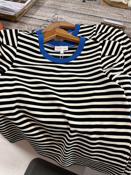 Black/white stripe short sleeve with blue collar