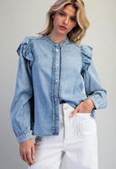 Snow Washed Ruffle Shoulder Denim Blouse