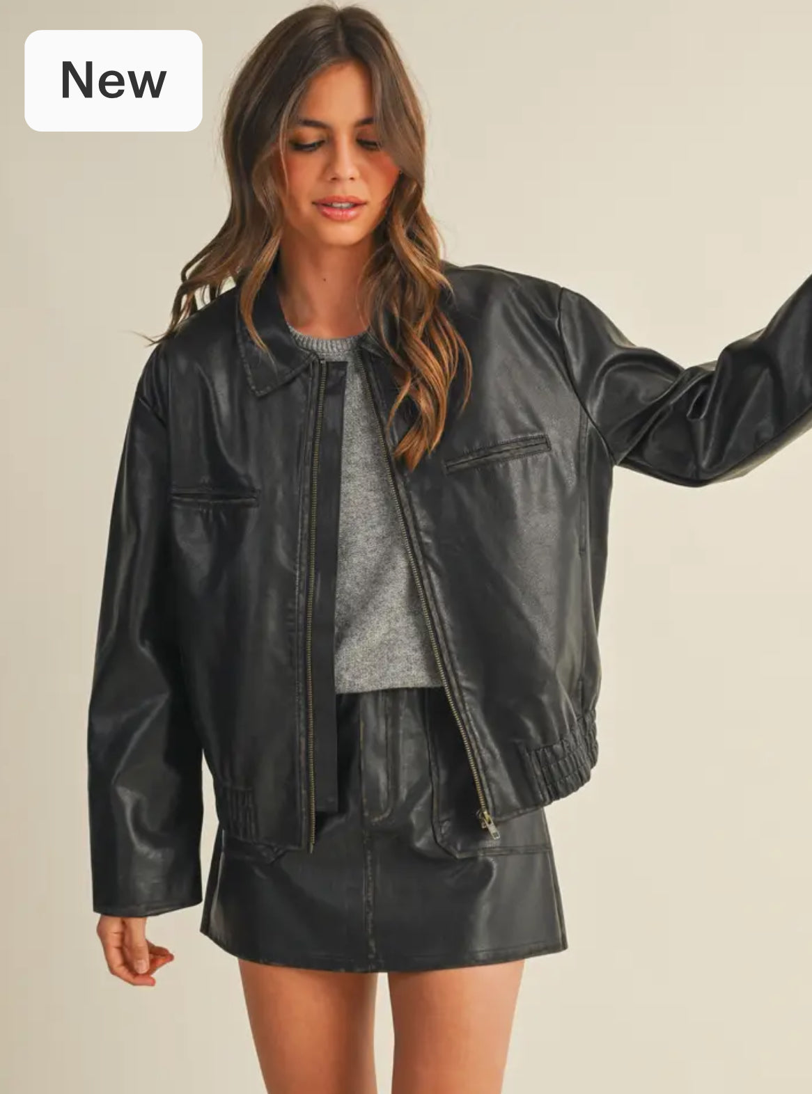 Washed leather zip up jacket