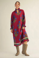 Burgundy Long Sleeve Dress with Blue Floral Print