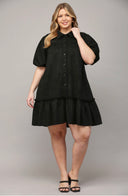 Faux Suede Button Front Short Puff Sleeve Dress