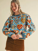 Sky Blue Multicolor Heart Long Sleeve Sweater
