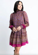 Chiffon floral smock neck metallic thread dress