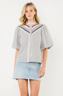 Puff sleeve striped button up top