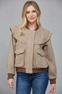 Brown Ruffle Detail Bomber Jacket