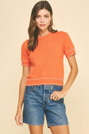 Short Sleeve White Stitch Sweater