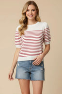 White Short Sleeve Sweater with Red Stripes