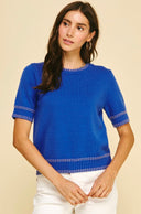 Short Sleeve White Stitch Sweater