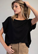 Solid Round Neck Black Short Sleeve Top