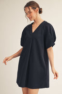 Navy Pleated Dress With Puff Sleeve