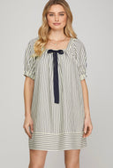 Navy Woven Striped Mini Dress with Bow