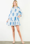 Blue Long Sleeve Floral Patterned Tiered Dress