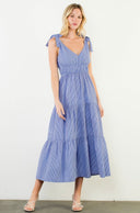 THML Tie Strap Tiered Maxi Dress with Blue Stripes