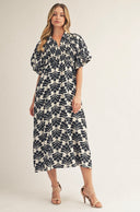 Jodiful Black and Cream Patterned Dress with Puff Sleeve