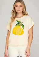 Drop Short Sleeve Lemon Print Knit Sweater