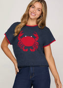 Drop Short Sleeve Crab Print Knit Sweater