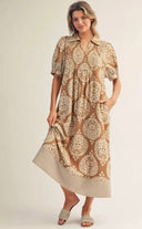 Caramel Maxi Dress with White Pattern