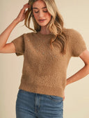 Mocha Mousse Short Sleeve Sweater with Embellishments