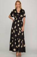 Half Sleeve Floral Satin Maxi Dress with Elastic Waist