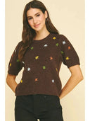Floral embroidered short sleeve sweater