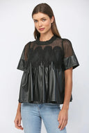 Lace Overlay Faux Leather Babydoll Top