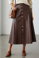 Faux Leather Button Front A-Line Midi Skirt