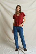 Perfect White Tee Hendrix Boxy V Neck Tee in Ruby Red