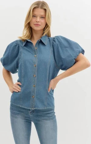 Denim Puff Sleeve Button Up